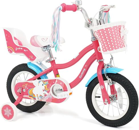 COSTWAY Girls Bike for 4-8 Years Old, 18 Inch Kids Bicycle w/Kickstand, Basket, Doll Seat & Colorful Streamers, Training Wheels, Handbrake & Coaster Brake, Adjustable Toddler Children Bike for Gift in Saudi Arabia