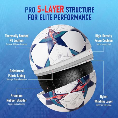 Soccer Ball Size 5, Professional Thermal Bonded Match Training Football with Seamless Waterproof PU Cover, Durable Outdoor Soccer Ball, Includes Pump and Mesh Bag in Kuwait