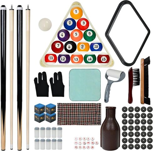93-Piece Pool Table Accessories Set with Nano Chalk,2-1/4" Billiard Balls,58" Pool Cues,Triangle Racks,Tips, Gloves,Stickers,Cleaning Brush & Cloth–Complete Billiards Kit for Home Game Rooms in Kuwait