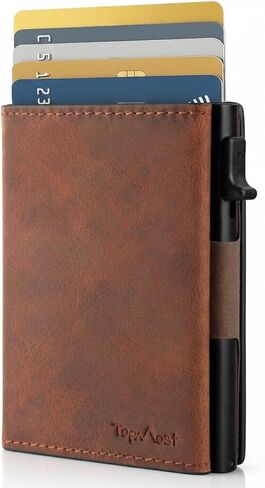 أعلى محفظة منبوذة من الجلد الأصلي للرجال ، حامل بطاقة الائتمان ، محافظ RFID حظر التلال للرجال مع نافذة الهوية ، سعة ضئيلة ، الحد الأدنى ، 5-9 بطاقة نقدية وفتحة نقدية ، براون in Kuwait