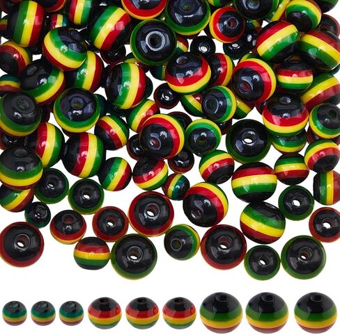 200pcs حبات جامايكا مخططة حبة 8 ملم أسود أحمر راتنج صفراء جولة أفريقية ريجا النمط المصغر حبات الفواصل الفضفاضة لمجوهرات صنع سوار قلادة ديي الحرف اليدوية in Kuwait