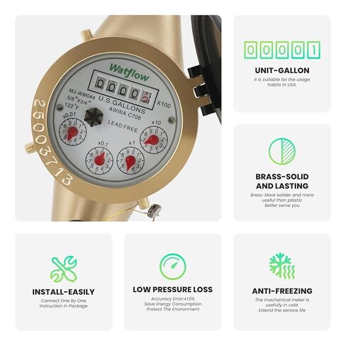 Watflow DN20 3/4" NPT Couplings Gallon Water Meter, Lead Free Meter, Cold Water Meter for Apartment or Home,Multi-Jet.(Lead Free) in Kuwait