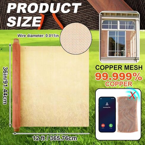 Zonon 99.9% Pure Copper Mesh Screen 36 Inch x 12 ft 16x16 Mesh Copper Roll Wire Fabric 0.27mm Wire Diameter Conductive Metal Dense Filter Screen Woven for Lab Faraday Cage Rodent Control Window Craft in Kuwait