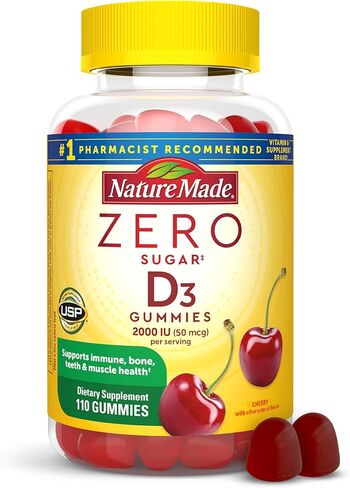 Nature Made Zero Sugar Vitamin D3 Gummies 2000 IU (50 ميكروغرام) لكل وجبة، مكمل دعم المناعة والعظام والأسنان والعضلات، 110 علكات فيتامين D خالية من السكر، كمية تكفي 55 يومًا in Saudi Arabia