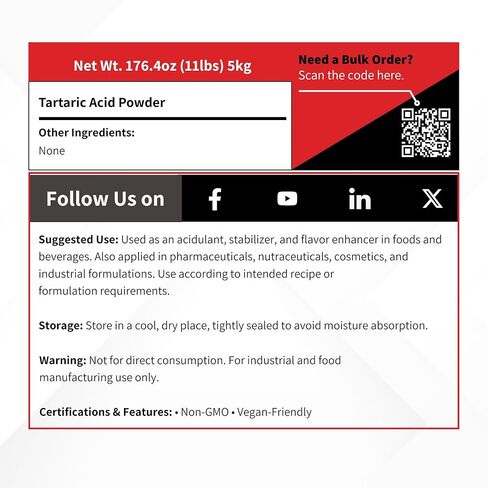 حمض الطرطريك USP/FCC - 5 كجم (11 رطل) - مثبت مكونات السواغ الحمضي ومصحح الرقم الهيدروجيني in Kuwait