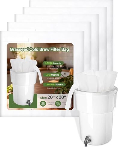 أكياس فلتر المشروب البارد مقاس 20 بوصة × 20 بوصة من Grasseed لصانعي القهوة التجارية من Toddy، حقيبة المشروب البارد التجارية غير المنسوجة مع أشرطة تناسب نظام 5 جالون، 25 عبوة in Saudi Arabia