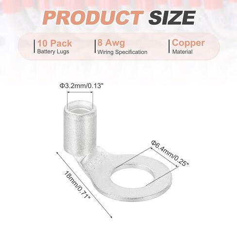 MECCANIXITY 8 AWG - عروات أسلاك نحاسية 1/4 بوصة، كابل بطارية منحني 90 درجة ينتهي بعروات البطارية وأطراف حلقية موصلات عروة نحاسية عارية للإمدادات الكهربائية البحرية (فضي، 10 قطع) in Saudi Arabia