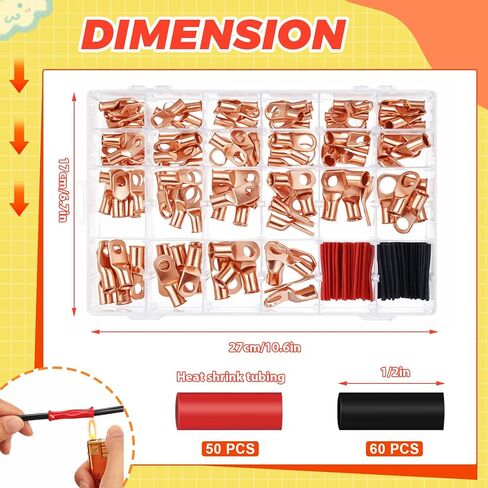 220 Pcs Battery Cable Ends Kit Battery Terminal Connectors with 110 Pcs Awg 1 2 4 6 8 1/0 2/0 Gauge Heavy Duty Copper Wire Lugs Kit Lugs Ring Terminals Gauge with 110 Items 3: 1 Heat Shrink Tubing in Saudi Arabia