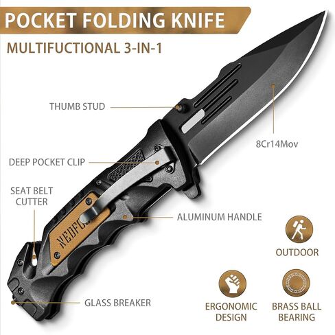 NedFoss Pocket Folding Knife DA75, 3 in 1 Pocket Knife Gifts for Men Women, Survival Knife with Liner-Lock Belt Clip, Seat Belt Cutter, Glass Breaker, Hunting knife for Camping Hiking in Kuwait