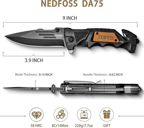 NedFoss Pocket Folding Knife DA75, 3 in 1 Pocket Knife Gifts for Men Women, Survival Knife with Liner-Lock Belt Clip, Seat Belt Cutter, Glass Breaker, Hunting knife for Camping Hiking in Kuwait