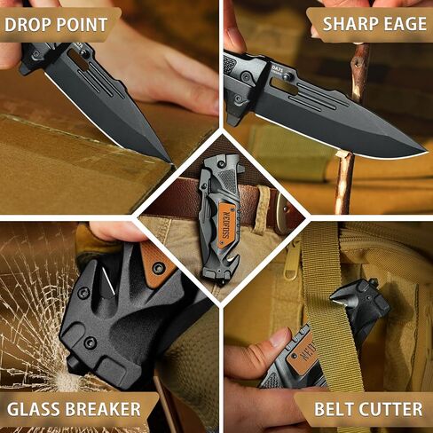 NedFoss Pocket Folding Knife DA75, 3 in 1 Pocket Knife Gifts for Men Women, Survival Knife with Liner-Lock Belt Clip, Seat Belt Cutter, Glass Breaker, Hunting knife for Camping Hiking in Kuwait