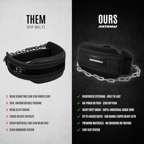 حزام كاتامو ديب مع سلسلة لرفع الأثقال - حزام رفع الأثقال من الجلد الفاخر بسعة وزن 440 رطلًا للسحب والانخفاضات والقرفصاء، ودعم مريح للظهر، شديد التحمل للرجال والنساء in Kuwait
