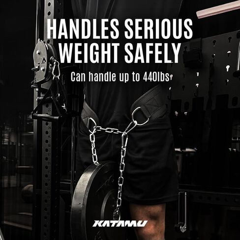 حزام كاتامو ديب مع سلسلة لرفع الأثقال - حزام رفع الأثقال من الجلد الفاخر بسعة وزن 440 رطلًا للسحب والانخفاضات والقرفصاء، ودعم مريح للظهر، شديد التحمل للرجال والنساء in Kuwait