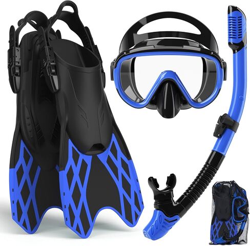 معدات الغطس 4 في 1 من بيرويفو للبالغين - قناع بانورامي أصلي متطور مضاد للضباب، أنبوب تنفس علوي جاف، وزعانف وحقيبة سفر للغطس والسباحة والسفر in Kuwait