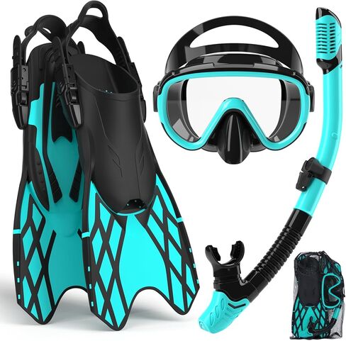 Bairuifu 4 in 1 Snorkeling Gear for Adults - Genuine Advanced Anti-Fog Panoramic Mask, Dry Top Snorkel, Fins & Travel Bag for Snorkeling, Swimming and Travel in Kuwait