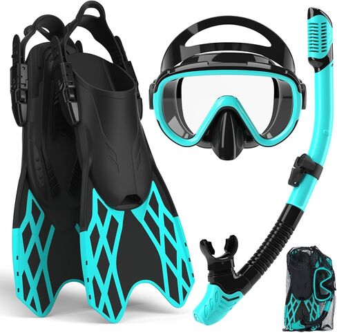 Bairuifu 4 in 1 Snorkeling Gear for Adults - Genuine Advanced Anti-Fog Panoramic Mask, Dry Top Snorkel, Fins & Travel Bag for Snorkeling, Swimming and Travel in Kuwait