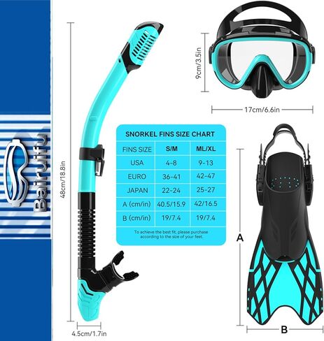 Bairuifu 4 in 1 Snorkeling Gear for Adults - Genuine Advanced Anti-Fog Panoramic Mask, Dry Top Snorkel, Fins & Travel Bag for Snorkeling, Swimming and Travel in Kuwait