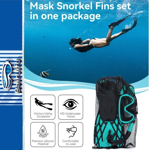 Bairuifu 4 in 1 Snorkeling Gear for Adults - Genuine Advanced Anti-Fog Panoramic Mask, Dry Top Snorkel, Fins & Travel Bag for Snorkeling, Swimming and Travel in Kuwait