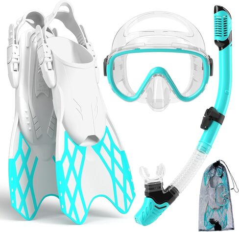 Bairuifu 4 in 1 Snorkeling Gear for Adults - Genuine Advanced Anti-Fog Panoramic Mask, Dry Top Snorkel, Fins & Travel Bag for Snorkeling, Swimming and Travel in Kuwait