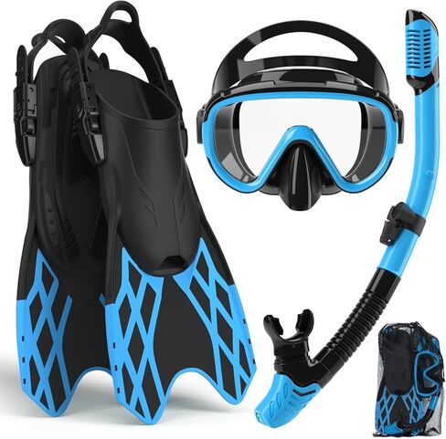 Bairuifu 4 in 1 Snorkeling Gear for Adults - Genuine Advanced Anti-Fog Panoramic Mask, Dry Top Snorkel, Fins & Travel Bag for Snorkeling, Swimming and Travel in Kuwait