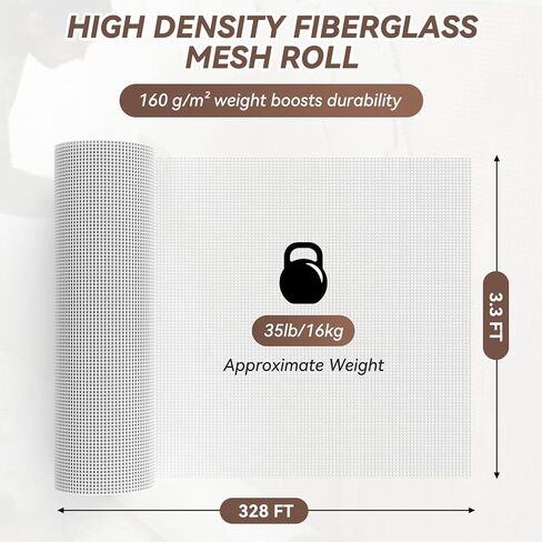 3.3x328ft Fiberglass Mesh Roll, 160g/m² White Stucco Mesh for Concrete. Enhanced Strength & Stability for wall Crack Repair, Interior/Exterior Construction, and Ceilings Seam Reinforcement. in Kuwait