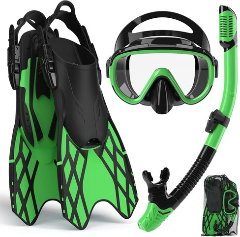 Bairuifu 4 in 1 Snorkeling Gear for Adults - Genuine Advanced Anti-Fog Panoramic Mask, Dry Top Snorkel, Fins & Travel Bag for Snorkeling, Swimming and Travel in Kuwait