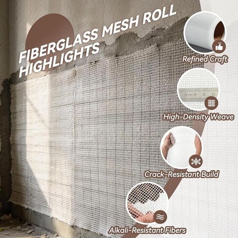 3.3x328ft Fiberglass Mesh Roll, 160g/m² White Stucco Mesh for Concrete. Enhanced Strength & Stability for wall Crack Repair, Interior/Exterior Construction, and Ceilings Seam Reinforcement. in Kuwait