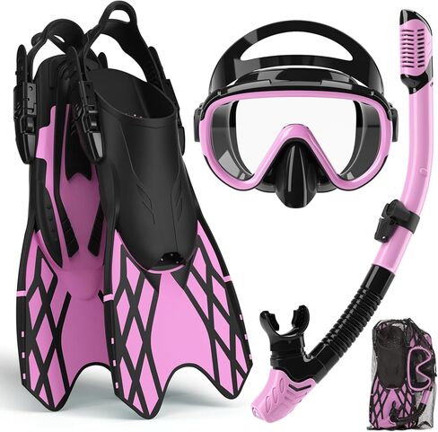 Bairuifu 4 in 1 Snorkeling Gear for Adults - Genuine Advanced Anti-Fog Panoramic Mask, Dry Top Snorkel, Fins & Travel Bag for Snorkeling, Swimming and Travel in Kuwait
