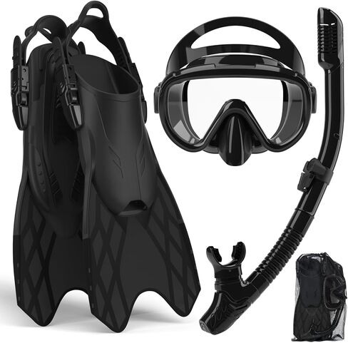 Bairuifu 4 in 1 Snorkeling Gear for Adults - Genuine Advanced Anti-Fog Panoramic Mask, Dry Top Snorkel, Fins & Travel Bag for Snorkeling, Swimming and Travel in Kuwait
