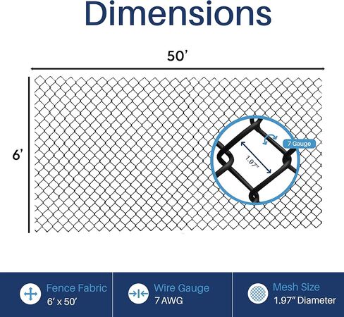 Heavy-Duty Galvanized Steel Chain Link Fence Fabric - 6x50 ft. | 7 AWG Wire | Black PVC Coated | Rust & Corrosion Resistant | Security-Grade Mesh for Residential & Commercial Use in Kuwait