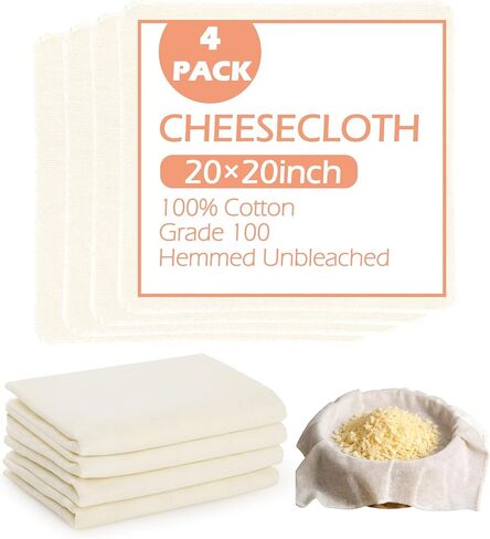 4 Pcs Reusable Cheesecloth Grade 100, 20x20 Inch Organic Cheesecloth for Straining, Fabric Fine Mesh Unbleached Cotton Strainer Muslin Cloth for Cheese Making, Nut Milk, Filtering in Kuwait
