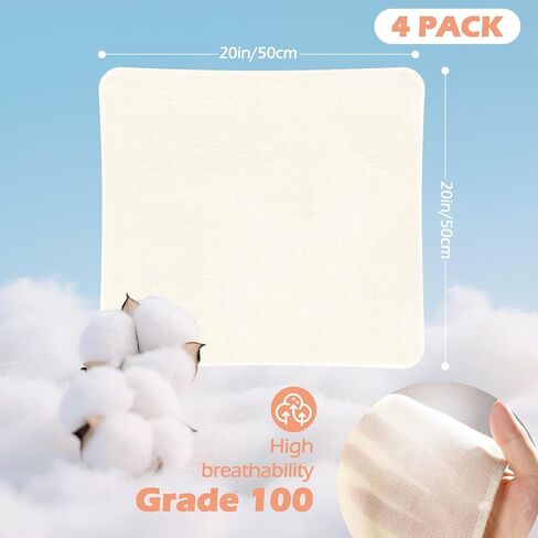4 Pcs Reusable Cheesecloth Grade 100, 20x20 Inch Organic Cheesecloth for Straining, Fabric Fine Mesh Unbleached Cotton Strainer Muslin Cloth for Cheese Making, Nut Milk, Filtering in Kuwait