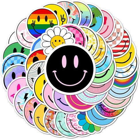 BEATRI Smiley Stickers 50Pcs Smiley Face Vinyl Waterproof Sticker Aesthetic Stickers Decor Smiling Groovy Stickers for Water Bottle Laptop Phone in Kuwait