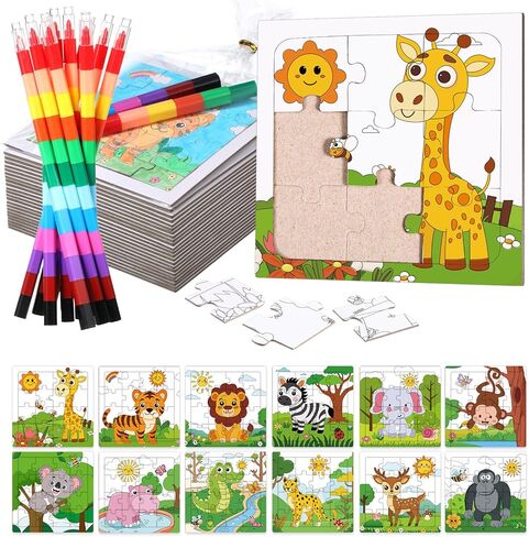 24 Pack Wild Animal Puzzles Jungle Safari Color Your Own Puzzles DIY Wild One Jigsaw Puzzles with 12 Stackable Crayons and 12 Bags for Safari Theme Gifts Birthday Party Supplies in Saudi Arabia