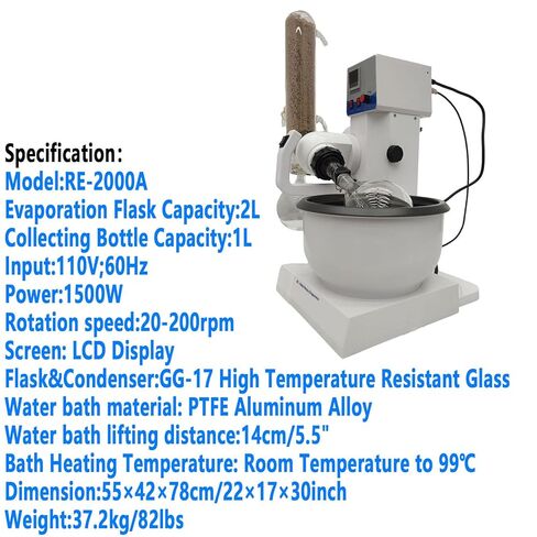 2L Auto Lifting Rotary Evaporator with LCD Display 20-200 RPM Rotation Speed Rotavapor RE-2000A Lab Evaporation Equipment 1L Collect Bottle 110V 1500W in Kuwait