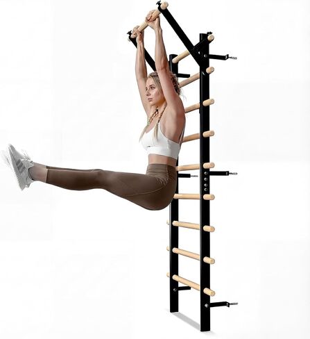 Swedish Ladder Wood Stall Bar, Suspension Trainer with Pull-Up Bar and Dip Bar Attachments, Wooden Stall Bar with 9 Strategic Rods for Core Strengthening and Stretching Balanced for Body Exercises in Kuwait