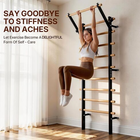 Swedish Ladder Wood Stall Bar, Suspension Trainer with Pull-Up Bar and Dip Bar Attachments, Wooden Stall Bar with 9 Strategic Rods for Core Strengthening and Stretching Balanced for Body Exercises in Kuwait