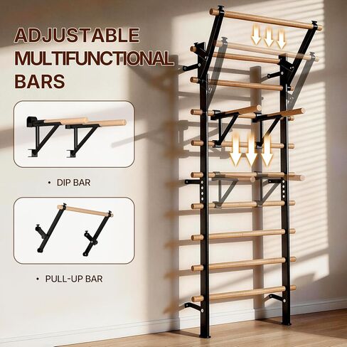 Swedish Ladder Wood Stall Bar, Suspension Trainer with Pull-Up Bar and Dip Bar Attachments, Wooden Stall Bar with 9 Strategic Rods for Core Strengthening and Stretching Balanced for Body Exercises in Kuwait