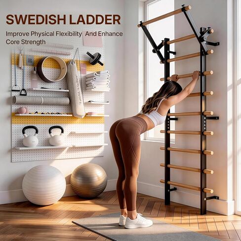 Swedish Ladder Wood Stall Bar, Suspension Trainer with Pull-Up Bar and Dip Bar Attachments, Wooden Stall Bar with 9 Strategic Rods for Core Strengthening and Stretching Balanced for Body Exercises in Kuwait