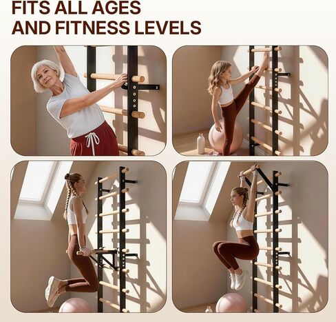 Swedish Ladder Wood Stall Bar, Suspension Trainer with Pull-Up Bar and Dip Bar Attachments, Wooden Stall Bar with 9 Strategic Rods for Core Strengthening and Stretching Balanced for Body Exercises in Kuwait