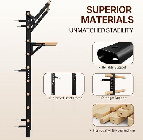 Swedish Ladder Wood Stall Bar, Suspension Trainer with Pull-Up Bar and Dip Bar Attachments, Wooden Stall Bar with 9 Strategic Rods for Core Strengthening and Stretching Balanced for Body Exercises in Kuwait