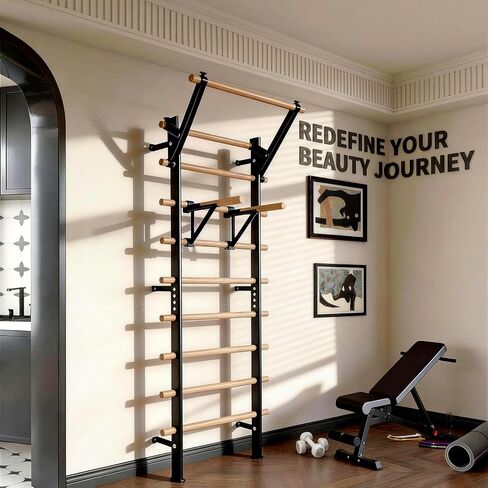 Swedish Ladder Wood Stall Bar, Suspension Trainer with Pull-Up Bar and Dip Bar Attachments, Wooden Stall Bar with 9 Strategic Rods for Core Strengthening and Stretching Balanced for Body Exercises in Kuwait