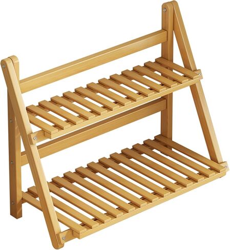 رف تخزين مزدوج الطبقة من الخيزران - 11.8 بوصة طول × 7.5 بوصة عرض × 13.8 بوصة ارتفاع، أرفف سلم خشبية قابلة للطي بطبقتين، للمطبخ، المكتب، الحمام، الحديقة، تخزين آمن، تصميم ثابت in Kuwait