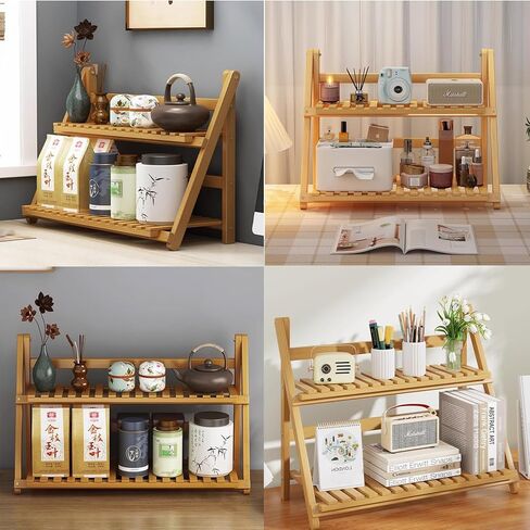 رف تخزين مزدوج الطبقة من الخيزران - 11.8 بوصة طول × 7.5 بوصة عرض × 13.8 بوصة ارتفاع، أرفف سلم خشبية قابلة للطي بطبقتين، للمطبخ، المكتب، الحمام، الحديقة، تخزين آمن، تصميم ثابت in Kuwait
