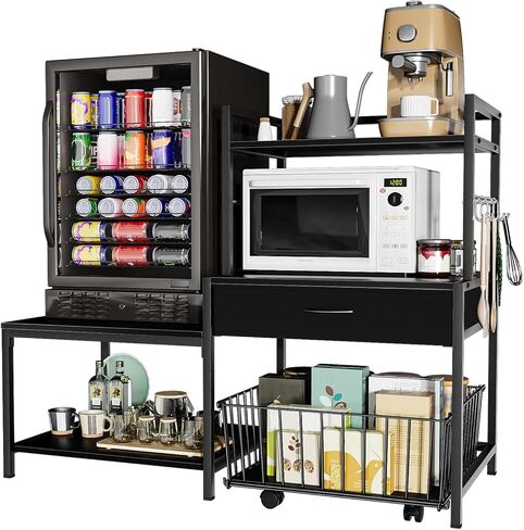 Bakers Rack with Mini Fridge Stand & Microwave Shelf – Coffee Bar with Drawer, Rolling Basket Storage & Hooks – Heavy Duty Kitchen Organizer for Apartments, Dorms & Living Rooms, Brown in Saudi Arabia