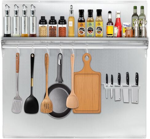 لوحة باكسبلاش للمطبخ من الفولاذ المقاوم للصدأ التجارية مع رف تخزين ورف سكاكين - مقاومة للحرارة والشحوم، سهلة التنظيف، مثقوبة مسبقًا للتثبيت السريع، منظم حائط متين لغطاء الموقد، in Kuwait