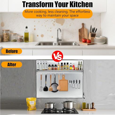 لوحة باكسبلاش للمطبخ من الفولاذ المقاوم للصدأ التجارية مع رف تخزين ورف سكاكين - مقاومة للحرارة والشحوم، سهلة التنظيف، مثقوبة مسبقًا للتثبيت السريع، منظم حائط متين لغطاء الموقد، in Kuwait