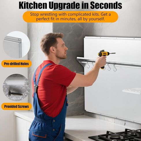 لوحة باكسبلاش للمطبخ من الفولاذ المقاوم للصدأ التجارية مع رف تخزين ورف سكاكين - مقاومة للحرارة والشحوم، سهلة التنظيف، مثقوبة مسبقًا للتثبيت السريع، منظم حائط متين لغطاء الموقد، in Kuwait