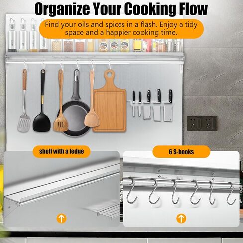 لوحة باكسبلاش للمطبخ من الفولاذ المقاوم للصدأ التجارية مع رف تخزين ورف سكاكين - مقاومة للحرارة والشحوم، سهلة التنظيف، مثقوبة مسبقًا للتثبيت السريع، منظم حائط متين لغطاء الموقد، in Kuwait