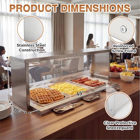 رف طاولة بخار واسع من Zonon مقاس 43 بوصة، واقي عطس البوفيه متوافق مع البخار ثلاثي الآبار، الفولاذ المقاوم للصدأ، سهل التركيب، رف طاولة الطعام لمطاعم تقديم الطعام في بار البوفيه in Kuwait